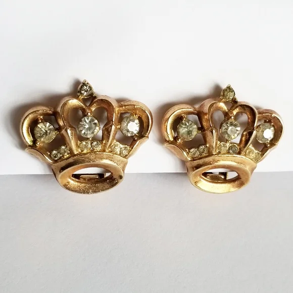Relisted-Vintage crown shaped clip earrings gold tone clear rhinestones royal - Picture 1 of 17